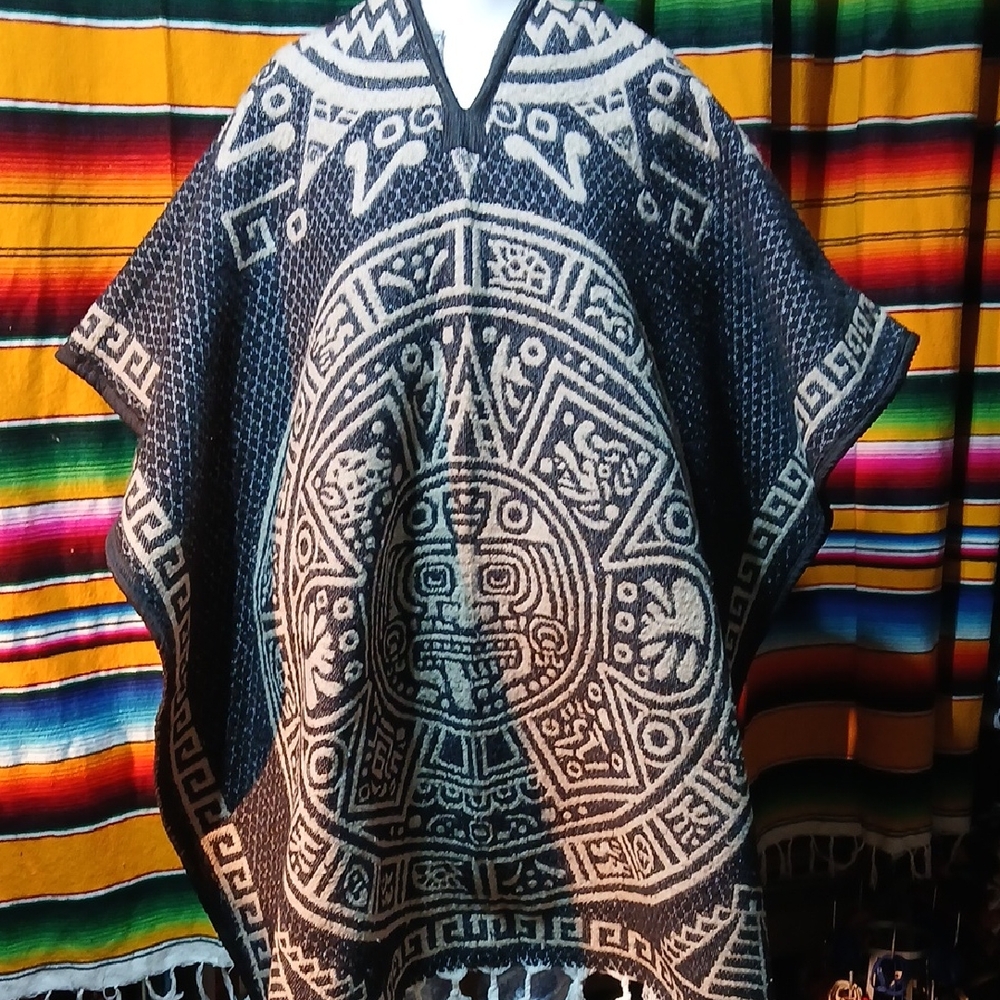 Mexican Poncho Aztec Patterned Black and White Poncho